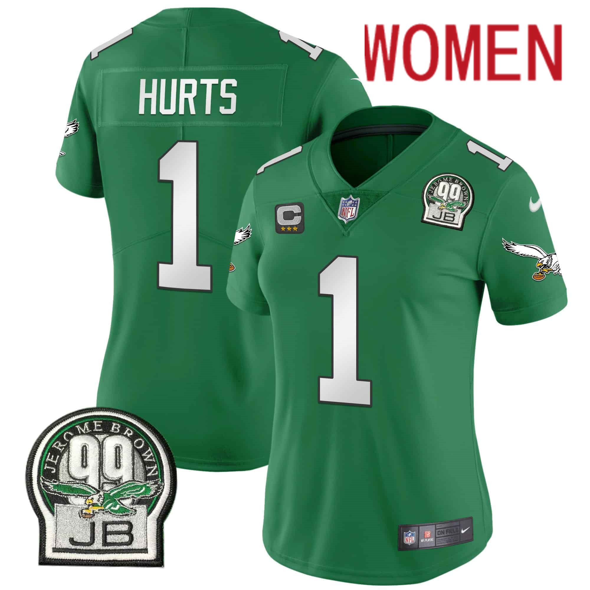 Women Philadelphia Eagles 1 Hurts Green 2024 Nike Jerome Brown Patch Alternate Limited NFL Jersey style 1